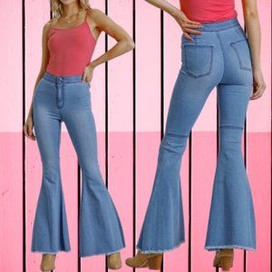 Umgee | High Rise Fringe Hem Bell Bottom Stretch Denim Jeans Light Wash New 5
